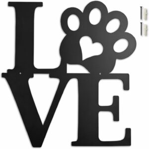 Black Metal Wall Decor, Love with Paw Print, Metal Wall Art for Dog Lover