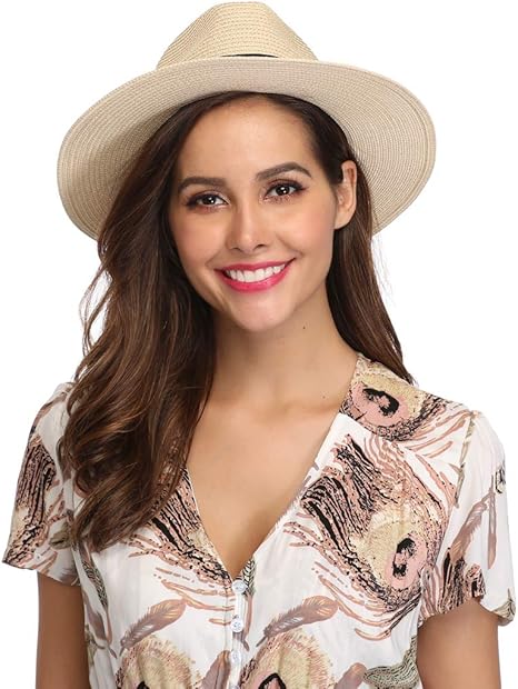 Women Wide Brim Straw Panama Roll up Hat Fedora Beach Sun Hat