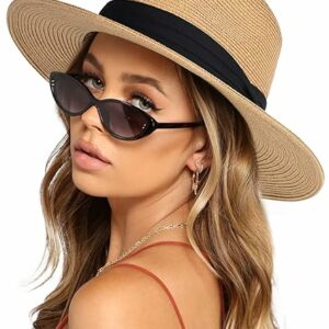 Womens Wide Brim Straw Panama Hat Fedora Summer Beach Sun Hats UPF Straw Hat for Women