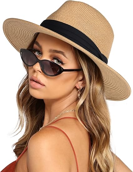 Womens Wide Brim Straw Panama Hat Fedora Summer Beach Sun Hats UPF Straw Hat for Women